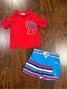 Tommy Bahama Kids Red Rash Guard with Blue Striped Swim Trunks